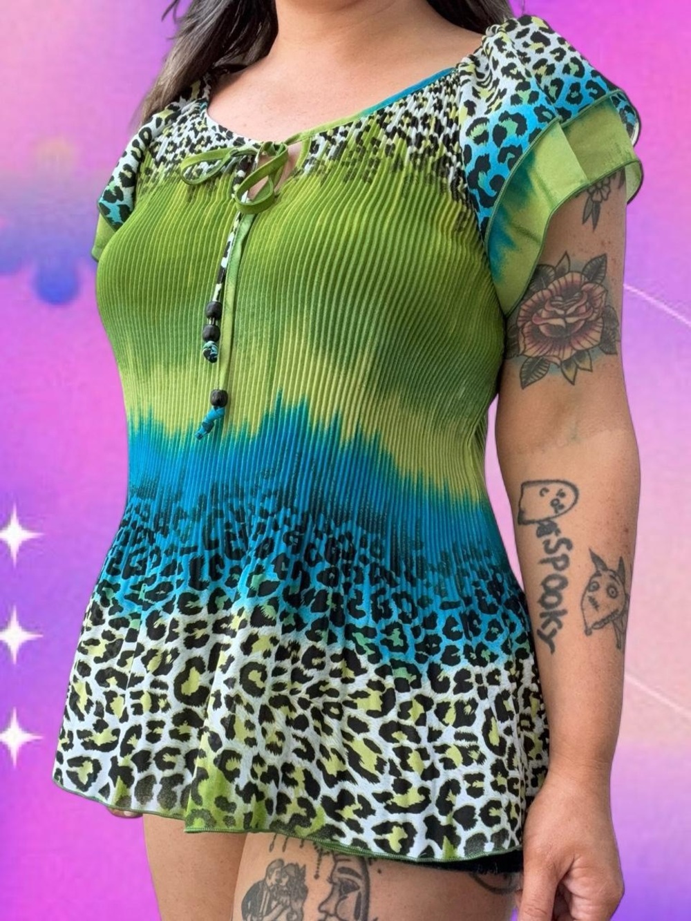 vtg y2k cheetah print cupcake top - violin, sz lg, can fit md